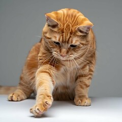 Fototapeta premium Cute ginger tabby cat with orange fur and stripes playing with its paw isolated on white background or 