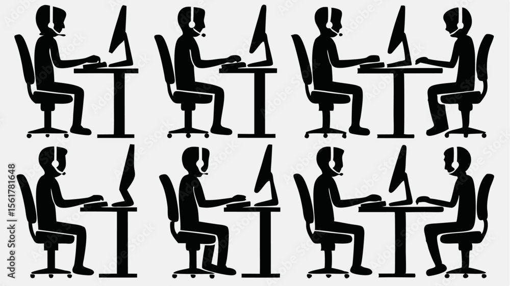 Poster illustration of multiple customer service representatives working at their desks with headsets on co