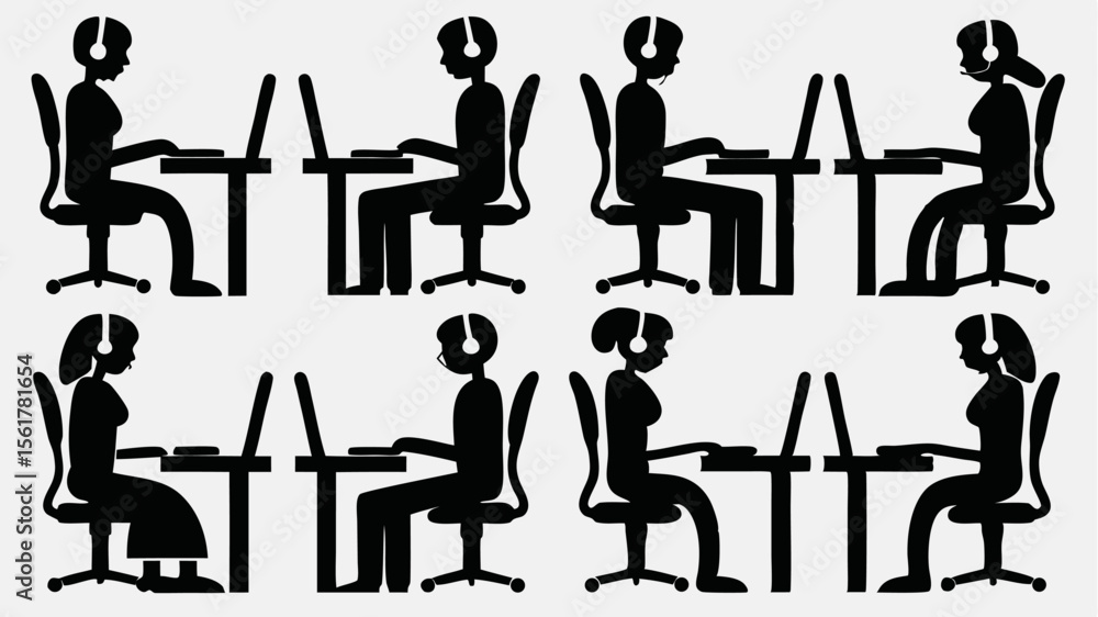 Poster silhouette illustration of multiple call center employees working at their computers in an office