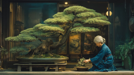 Fototapeta premium Elderly woman caring for a bonsai tree in a peaceful courtyard