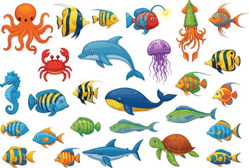 Naklejka premium Cartoon sea animals collection, cad drawing flat vector illustration, colorful underwater creatures, fish, octopus, turtle, dolphin, child-friendly marine sketch