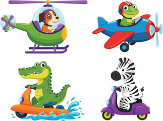 Cartoon animals riding various vehicles, cad drawing flat vector illustration, dog in helicopter, frog in airplane, zebra and crocodile scooters