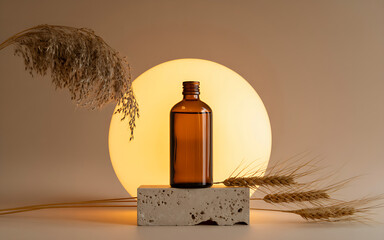 Fototapeta premium A brown amber bottle of essential oil sits on a small concrete block, illuminated by a soft light, with pampas grass and wheat adding to the calm and minimalist aesthetic