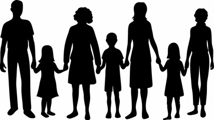Silhouette illustration of a family group holding hands together in a simple black and white design