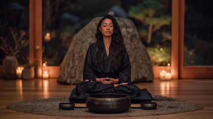 Woman practicing sound therapy with singing bowls in a calm room