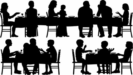 Silhouette illustration of a family sitting at a long table having a meal and conversing together
