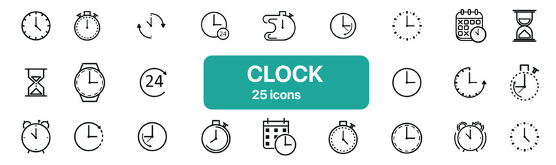 Linear Clock Icons Set 25 Outline Timepieces in Minimal Style