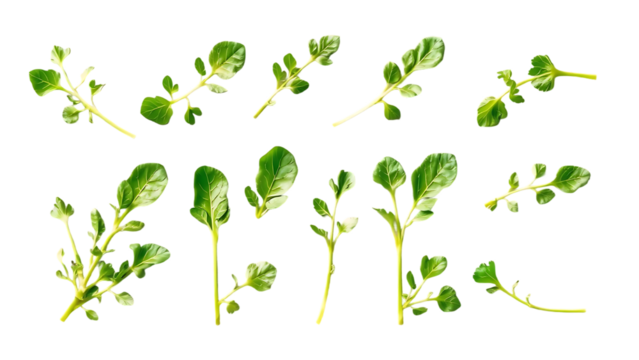 Set collection of fresh green arugula leaves in various positions isolated over a transparent backgr