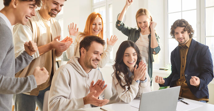 Happy business people, students online laptop watch, confident skilled leader sale success, mentor educational workshop presentation office, employees applauding, internship and leadership coaching