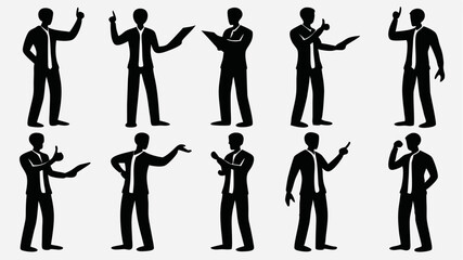 Silhouettes of ten business people in various poses with ties and professional attire shown clearly