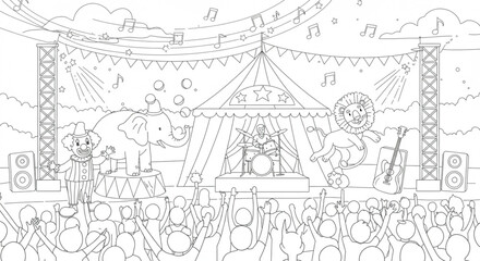 Obraz premium Circus Band Coloring Page Elephants, Lions, and a Clown Performing
