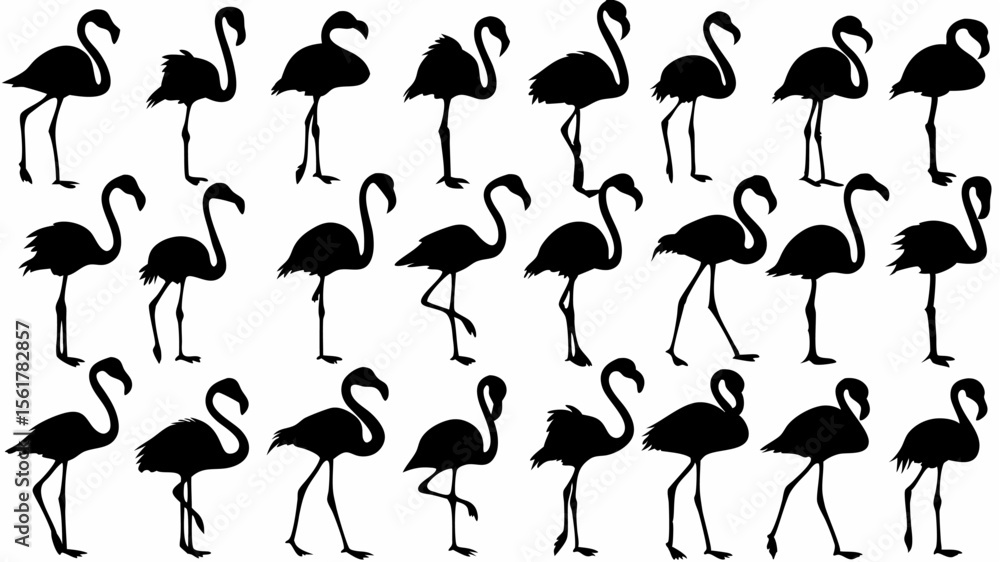 Poster silhouette pattern featuring a multitude of flamingoes in various poses and orientations shown toget