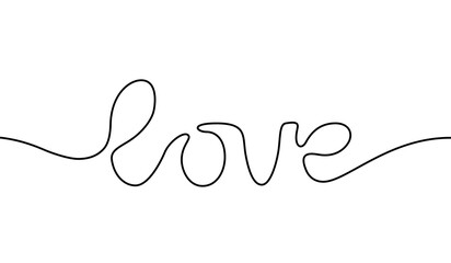 Word love handwritten continuous line. Hand draw contour script. Single outline. Drawing calligraphy. Design love prints. Lineart sketch letter. Text isolated on white background. Vector illustration
