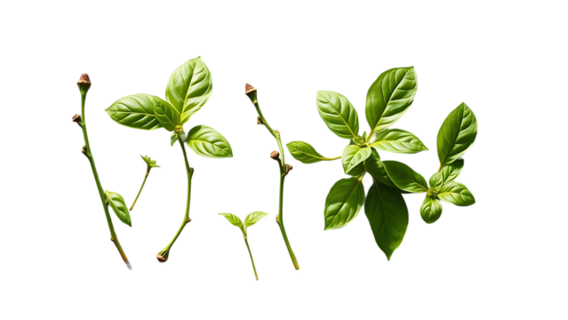 Mediterranean herbs fresh basil set of six isolated leaves twigs and tips over a transparent backgro
