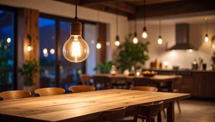 Pendant light with glowing filament bulb hanging over wooden dining table