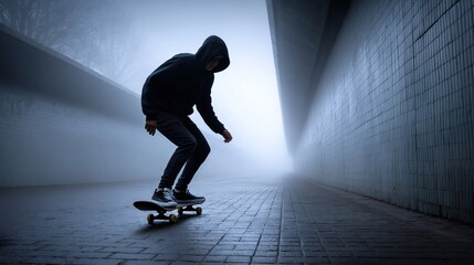 Young skater riding his skateboard in a foggy underpass