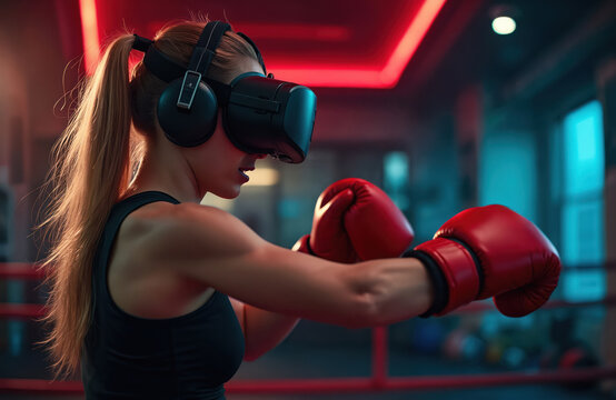 Young woman boxes wearing VR headset, engaged in digital simulation game. Female athlete trains in virtual reality, boxing gym with tech equipment. Fitness, exercise, fighting, training, digital