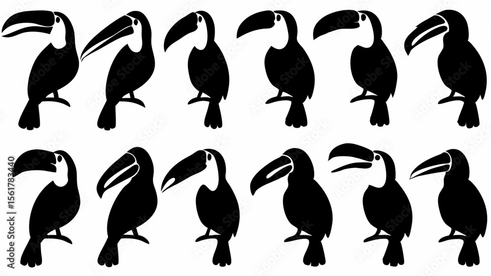 Poster silhouette illustration of a group of toucans perched on branches in a repeating pattern design