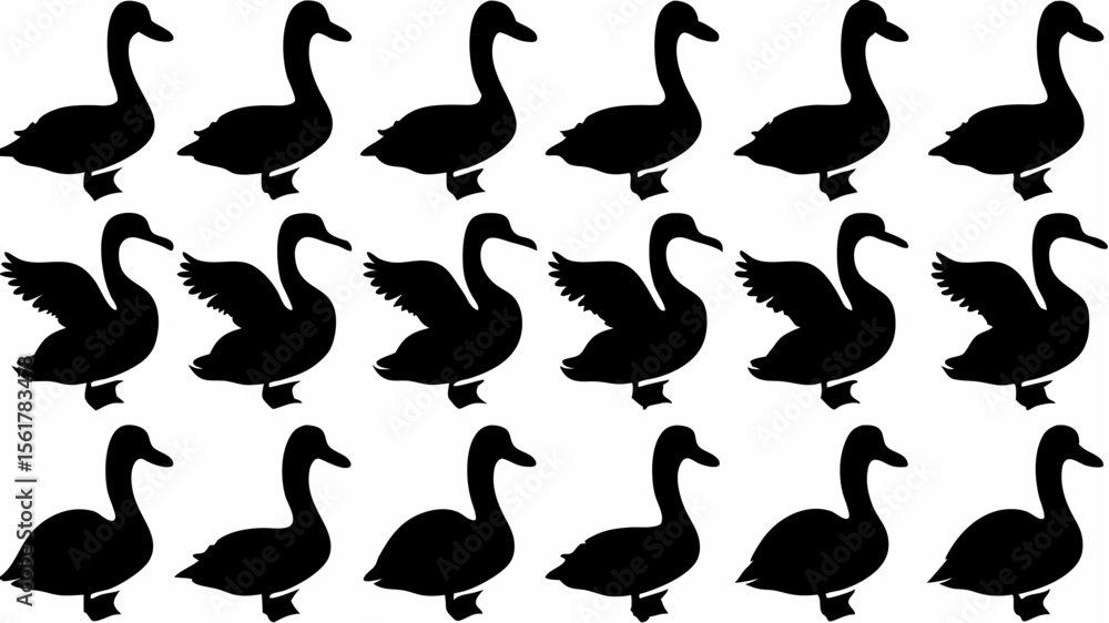 Poster silhouette pattern featuring multiple rows of swans in various poses against a white background