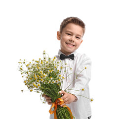 Smiling little boy giving bouquet of beautiful chamomile flowers on white background