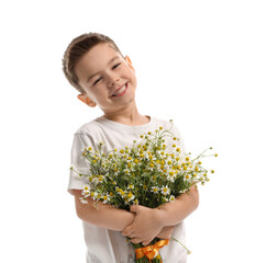 Smiling little boy with bouquet of beautiful chamomile flowers on white background