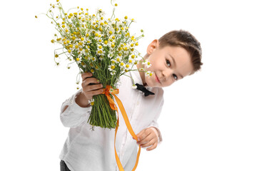 Cute little boy with bouquet of beautiful chamomile flowers on white background