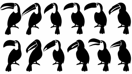 Silhouette illustration of a group of toucans perched on branches in a repeating pattern design