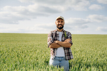 Standing with arms crossed. Man farmer is on the agricultural field