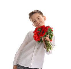 Cute little boy giving bouquet of beautiful flowers on white background
