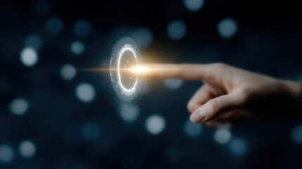 Finger touching glowing digital interface with futuristic technology and light effect in dark background