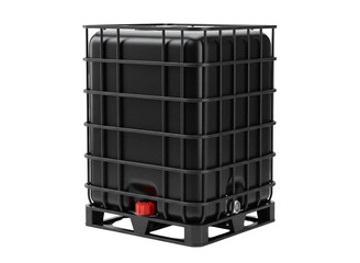 Large black plastic intermediate bulk container with metal cage isolated on transparent background