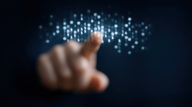 Fingertip pointing at floating binary code with digital data concept in dark background, futuristic technology feeling