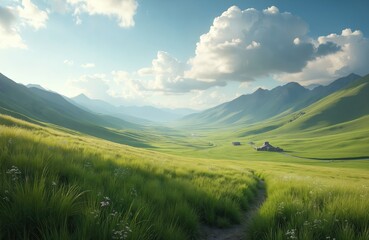 Fototapeta premium Picturesque endless green hilly steppe with tall grass at foot of mountain range under bright cloudy sky. Panoramic landscape scenery, peaceful rural area for hiking and travel, wallpaper background.