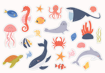 A Set of Sea Animals Stickers. Stingray,dolphin,whale,crab,octopus,jellyfish,seahorse,starfish,seaweeds,shell,sea turtle,seal,fishes,coral reef on isolated background.Vector illustration cartoon flat 