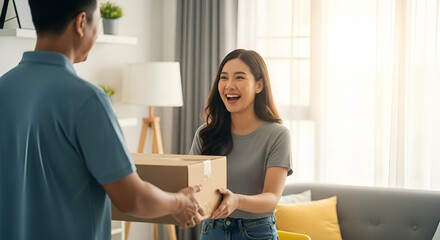 Happy woman receiving package delivery at home with a bright and cozy interior, showcasing joy and surprise in modern living environment