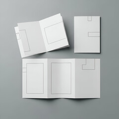 Minimalistic mockup of blank stationery on grey background for creative branding and design presentation, showcasing various folded paper formats
