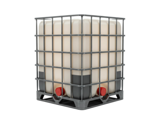 Large black plastic intermediate bulk container with metal cage isolated on transparent background