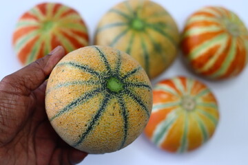 Madhu muskmelon also known as kharbooja and Kajari melon or Delhi melon displayed side by side