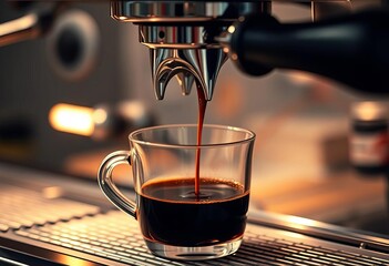 Rich, dark espresso pouring from a coffee machine into a cup,   lighting,   drink