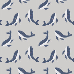 Whale seamless vector pattern. Vector illustration cartoon flat style.