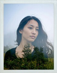 vintage instant film-style photograph of a young woman, featuring faded colors, soft natural lighting, and analog-inspired imperfections: light leaks, subtle fingerprints, and gentle motion blur