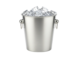 Clear glass bucket filled with many clear ice cubes isolated on transparent background
