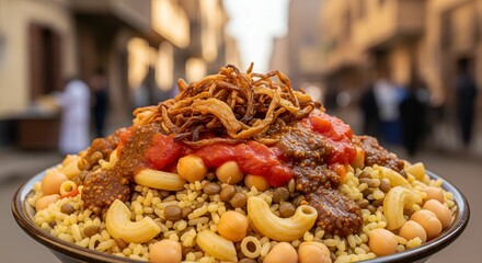 special delicious egyptian koshari meal with noodles, spaghetti and lentil