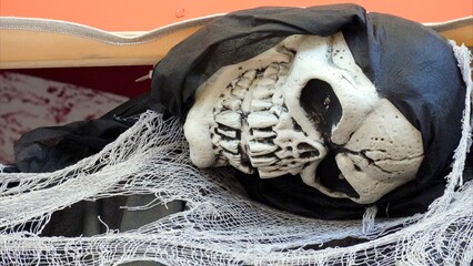 Close up of a halloween monster resting in a coffin, emerging from a spider web, creating a scary...