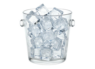Clear glass bucket filled with many clear ice cubes isolated on transparent background