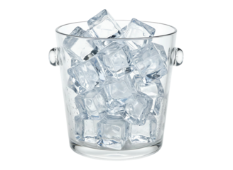 Clear glass bucket filled with many clear ice cubes isolated on transparent background