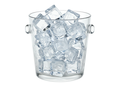 Clear glass bucket filled with many clear ice cubes isolated on transparent background