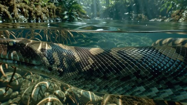 Emerald Waters: Witness the hypnotic grace of an anaconda snake gracefully gliding through crystal-clear waters, a testament to the raw beauty of the rainforest ecosystem.