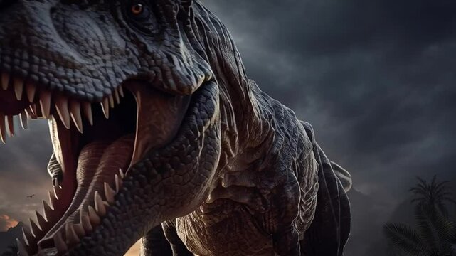 Tyrannosaurus Rex - Dominance and Prehistoric Majesty: A striking portrait of a Tyrannosaurus Rex, capturing its fearsome presence and raw power against a dramatic, atmospheric backdrop.