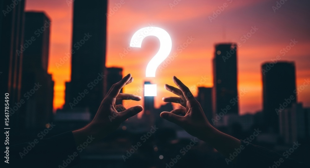 Poster man holding a question mark between hands. person pondering future decisions. concept of problem sol